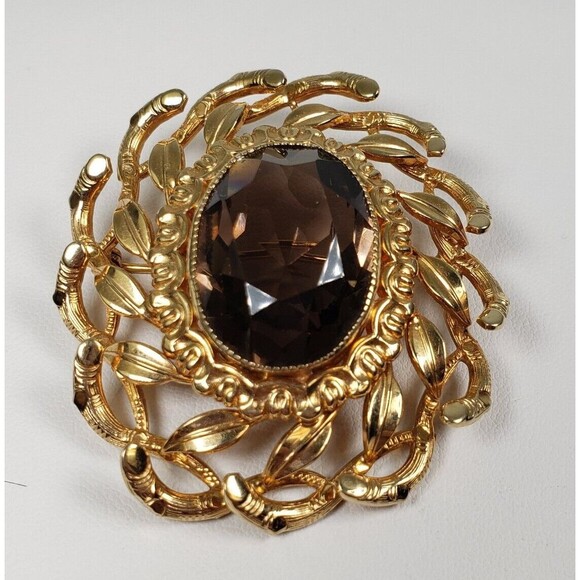 Danecraft 1960's Signed 1/20  12 K G.F. Mid Century Oval Smokey Topaz Brooch - Picture 5 of 16